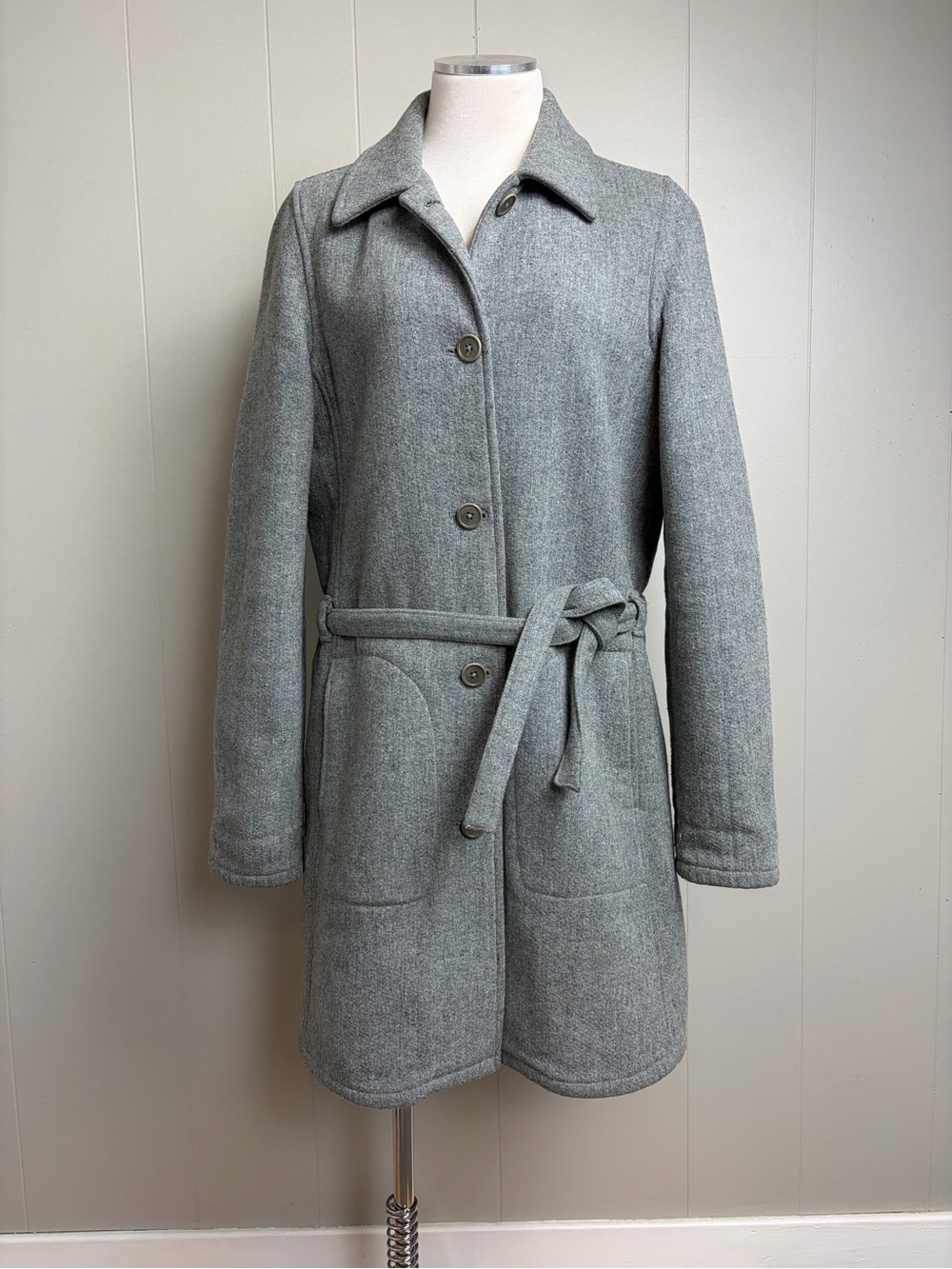 Abercrombie & Fitch Wool Blend Belted Coat Gray Blue Flecked Plaid M